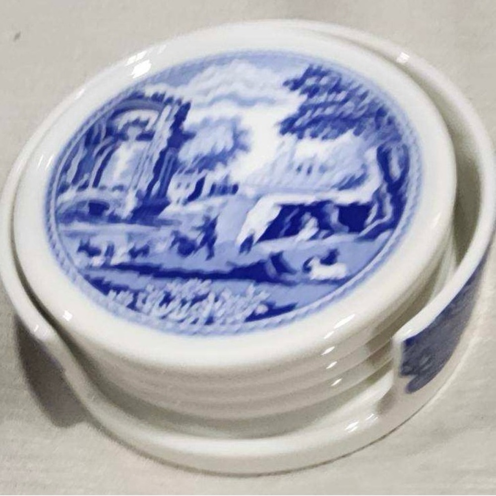 Spode Blue Italian - set of four coasters with holder